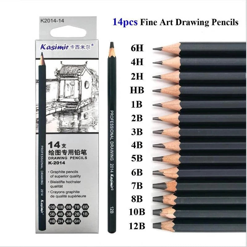 14Pcs/Set Drawing Sketch Pencils Set Wooden Professional Art Supplies HB 2B 6H 4H 2H 3B 4B 5B 6B 10B 12B 1B Painting Stationery