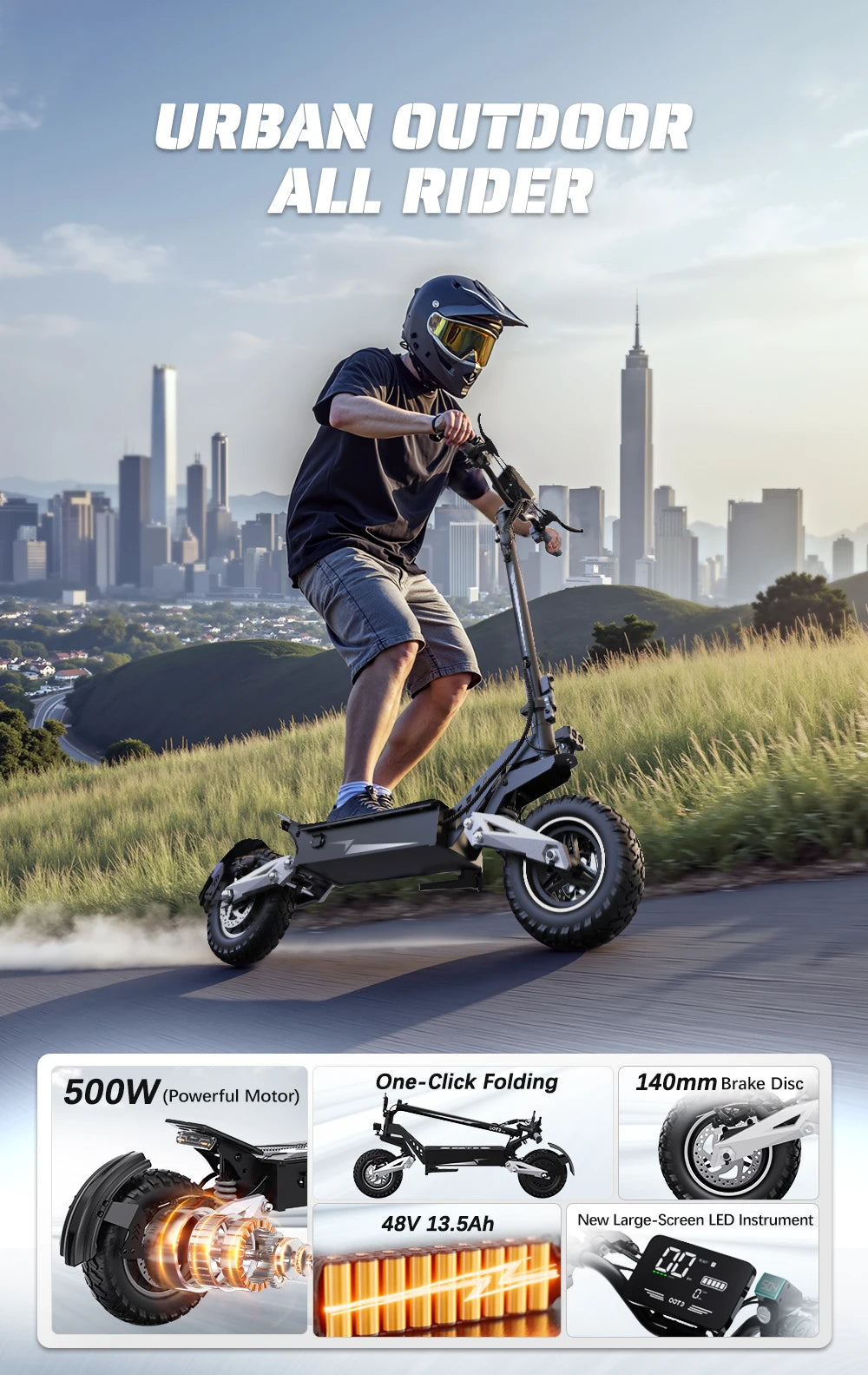 OOTD T10 E-Scooter 900W Peak power 48V13.5Ah LED Display Electric Scooter Adult 11-inch Off-Road Tire Convenient Fold EScooters