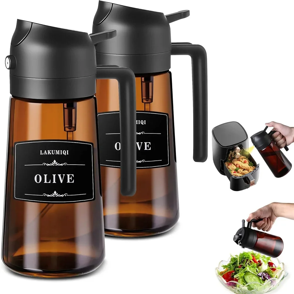 2-in-1 Glass Oil Dispenser & Sprayer 16oz Leakproof Olive Oil Bottle for Cooking Air Fryer BBQ Baking Salad