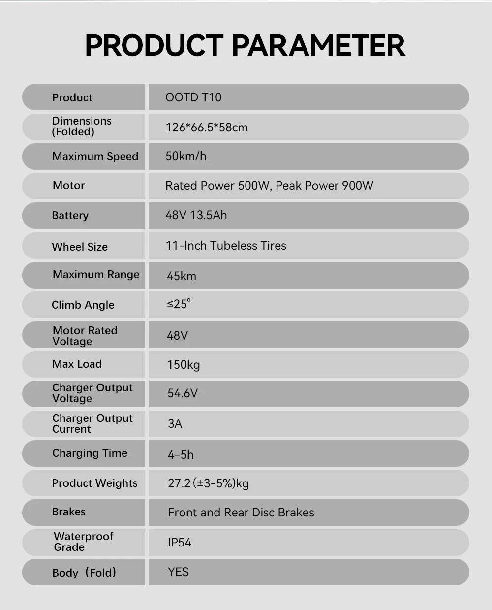 OOTD T10 E-Scooter 900W Peak power 48V13.5Ah LED Display Electric Scooter Adult 11-inch Off-Road Tire Convenient Fold EScooters