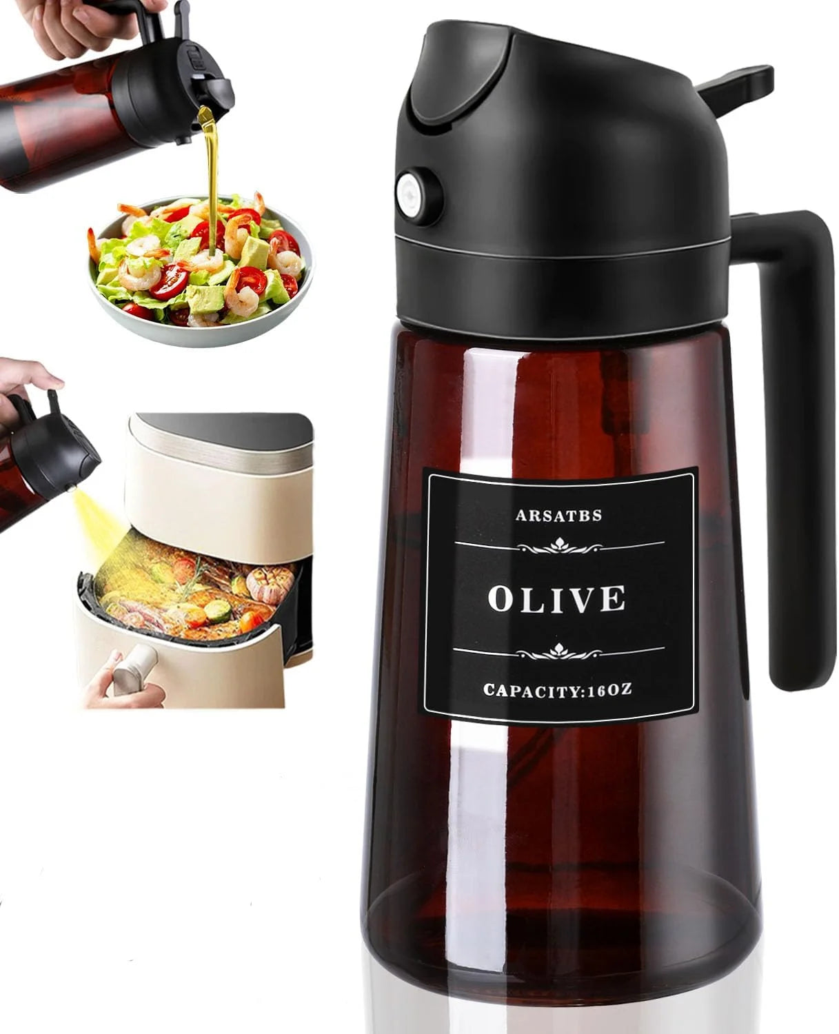 2-in-1 Glass Oil Dispenser & Sprayer 16oz Leakproof Olive Oil Bottle for Cooking Air Fryer BBQ Baking Salad
