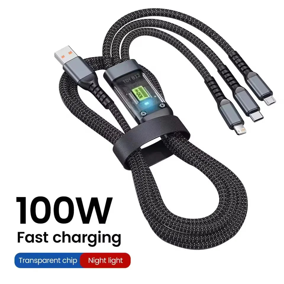 3 In 1 100W Transparent Pilot Lamp Super Fast Charging Cable Universal with Type C Usb Micro for Iphone Samsung Huawei Xiaomi 6A