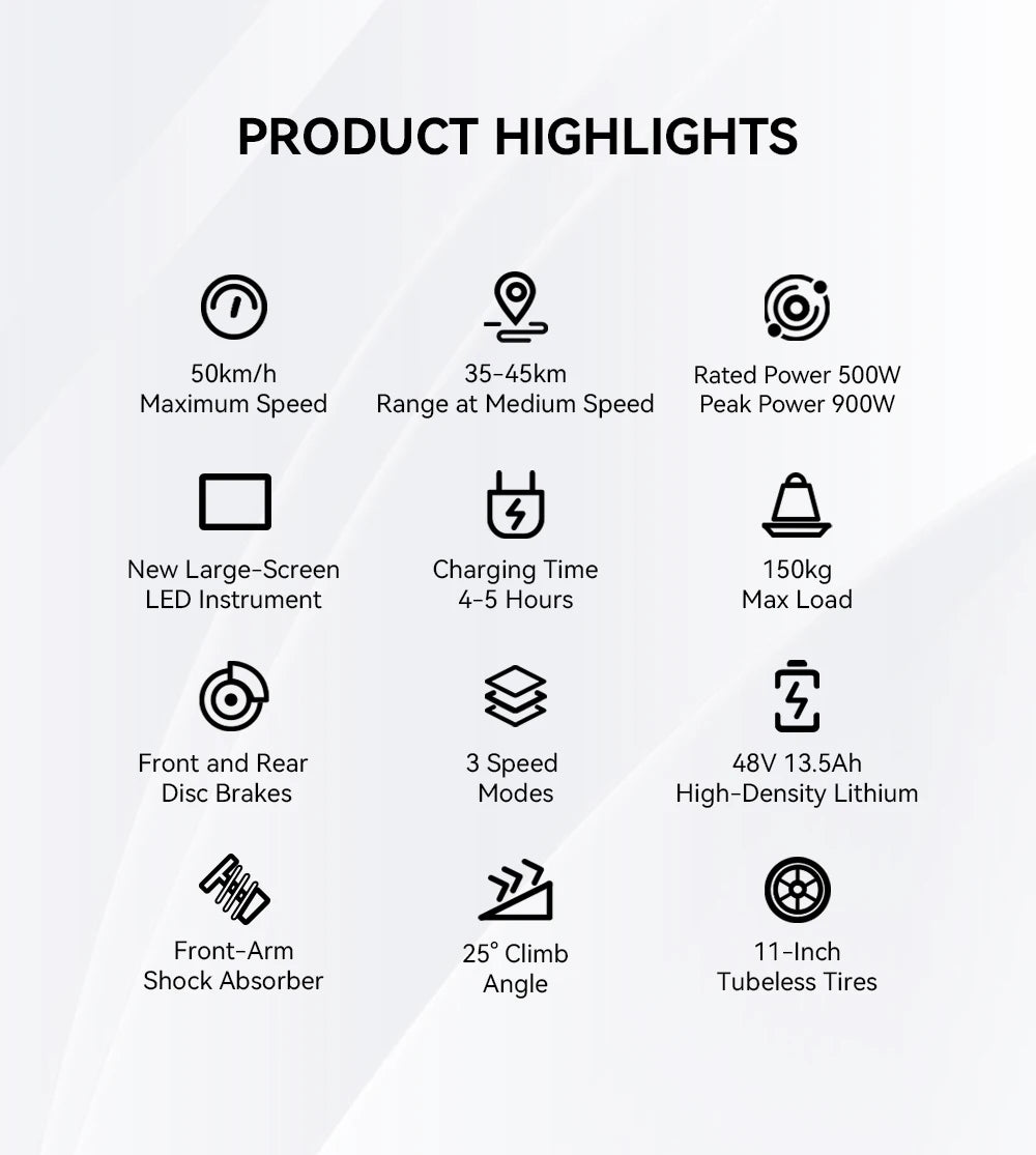 OOTD T10 E-Scooter 900W Peak power 48V13.5Ah LED Display Electric Scooter Adult 11-inch Off-Road Tire Convenient Fold EScooters