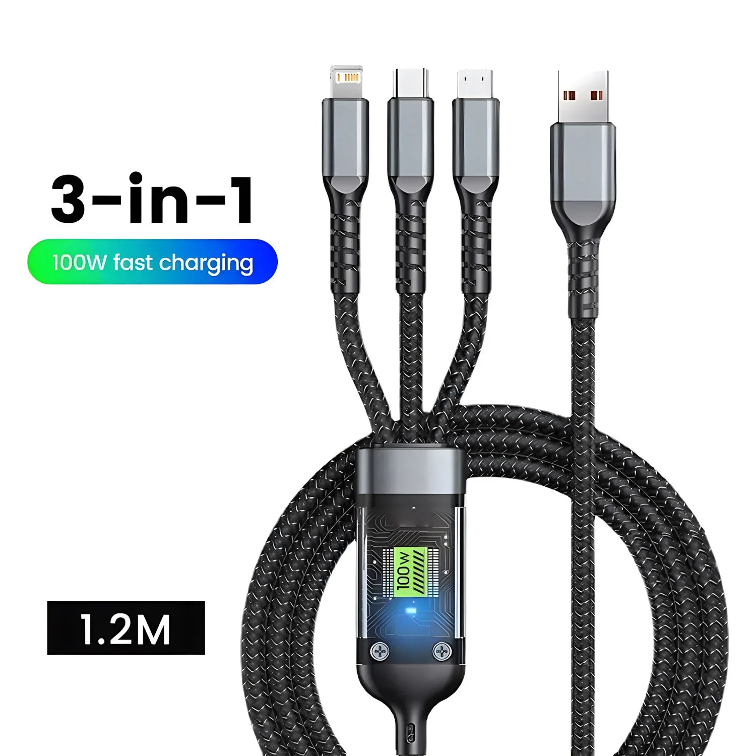 3 In 1 100w Transparent Fast Charging Cable Type C USB Micro For iPhone 15 Samsung Huawei Pilot Lamp Charger USB C 6A Data Cable
