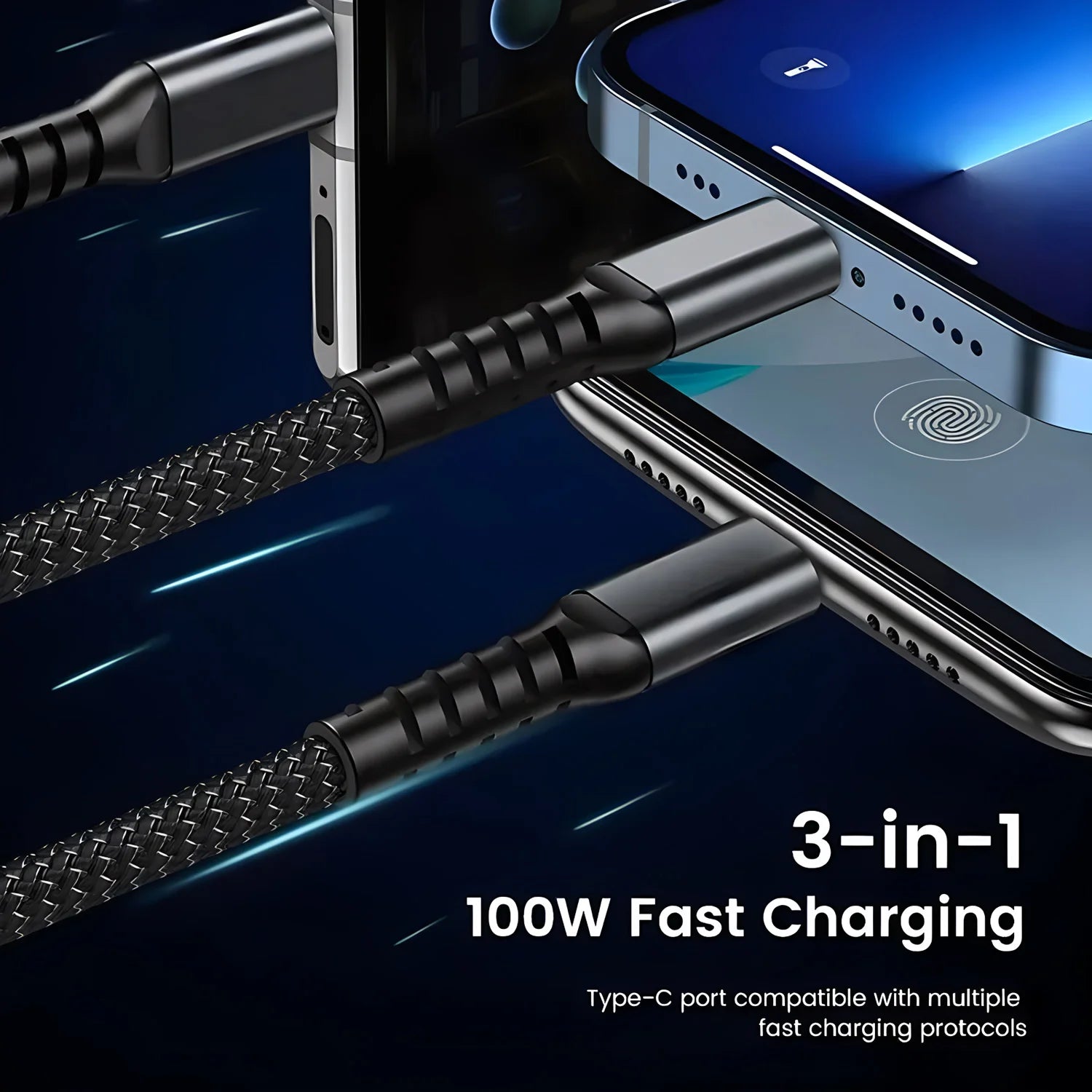 3 In 1 100w Transparent Fast Charging Cable Type C USB Micro For iPhone 15 Samsung Huawei Pilot Lamp Charger USB C 6A Data Cable