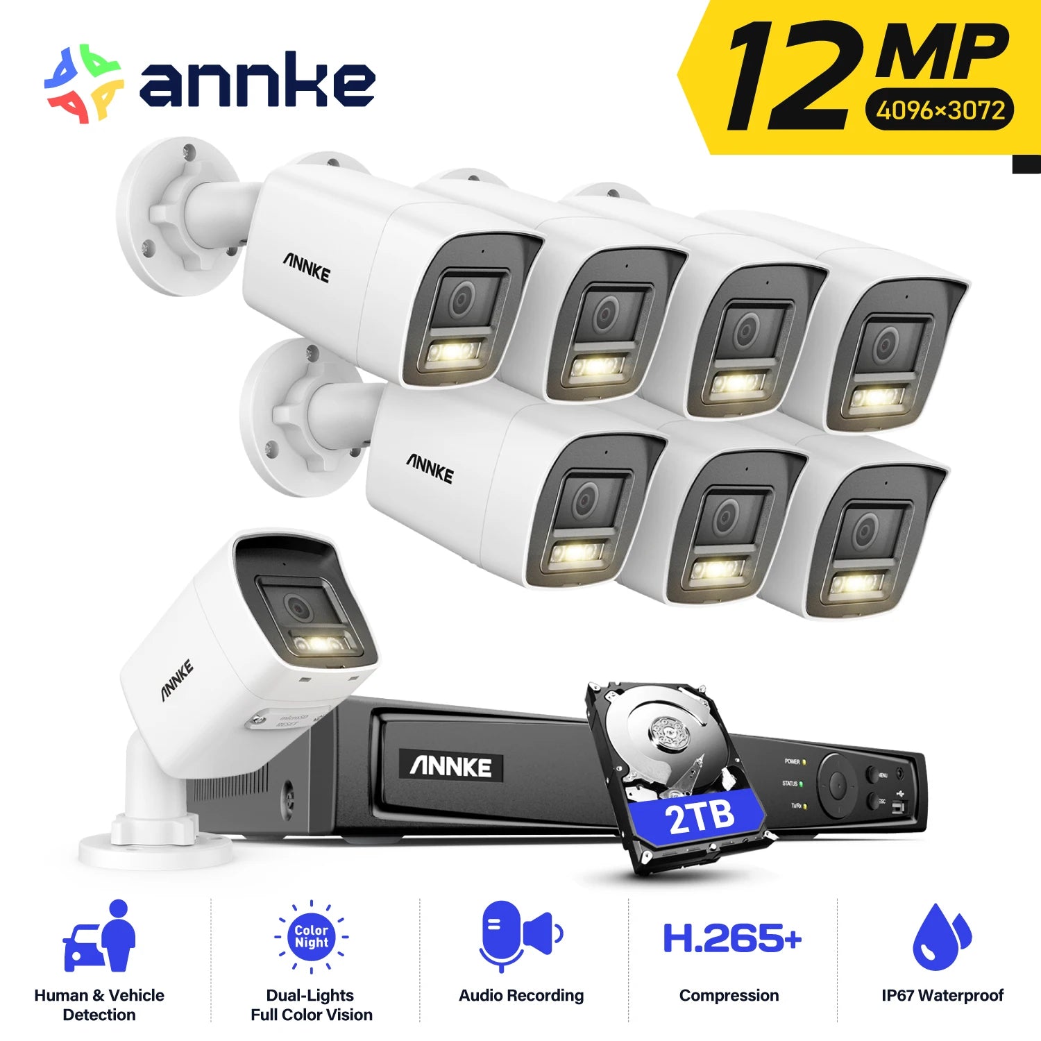 ANNKE 12MP POE Video Surveillance System 8CH NVR With 4/8 PCS 12MP security camera kit IP67 Weatherproof ip camera outdoor