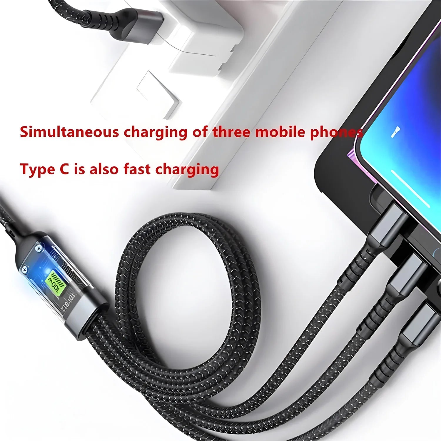 3 In 1 100w Transparent Fast Charging Cable Type C USB Micro For iPhone 15 Samsung Huawei Pilot Lamp Charger USB C 6A Data Cable