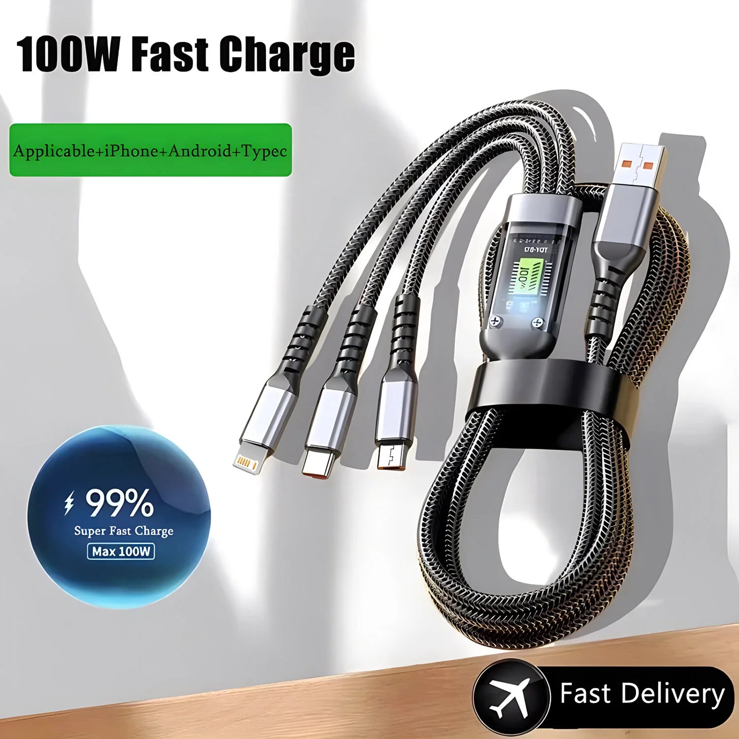 3 In 1 100w Transparent Fast Charging Cable Type C USB Micro For iPhone 15 Samsung Huawei Pilot Lamp Charger USB C 6A Data Cable