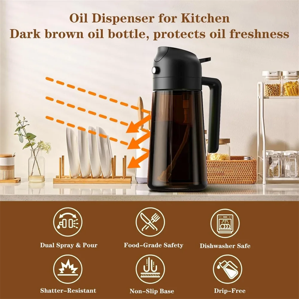 2-in-1 Glass Oil Dispenser & Sprayer 16oz Leakproof Olive Oil Bottle for Cooking Air Fryer BBQ Baking Salad